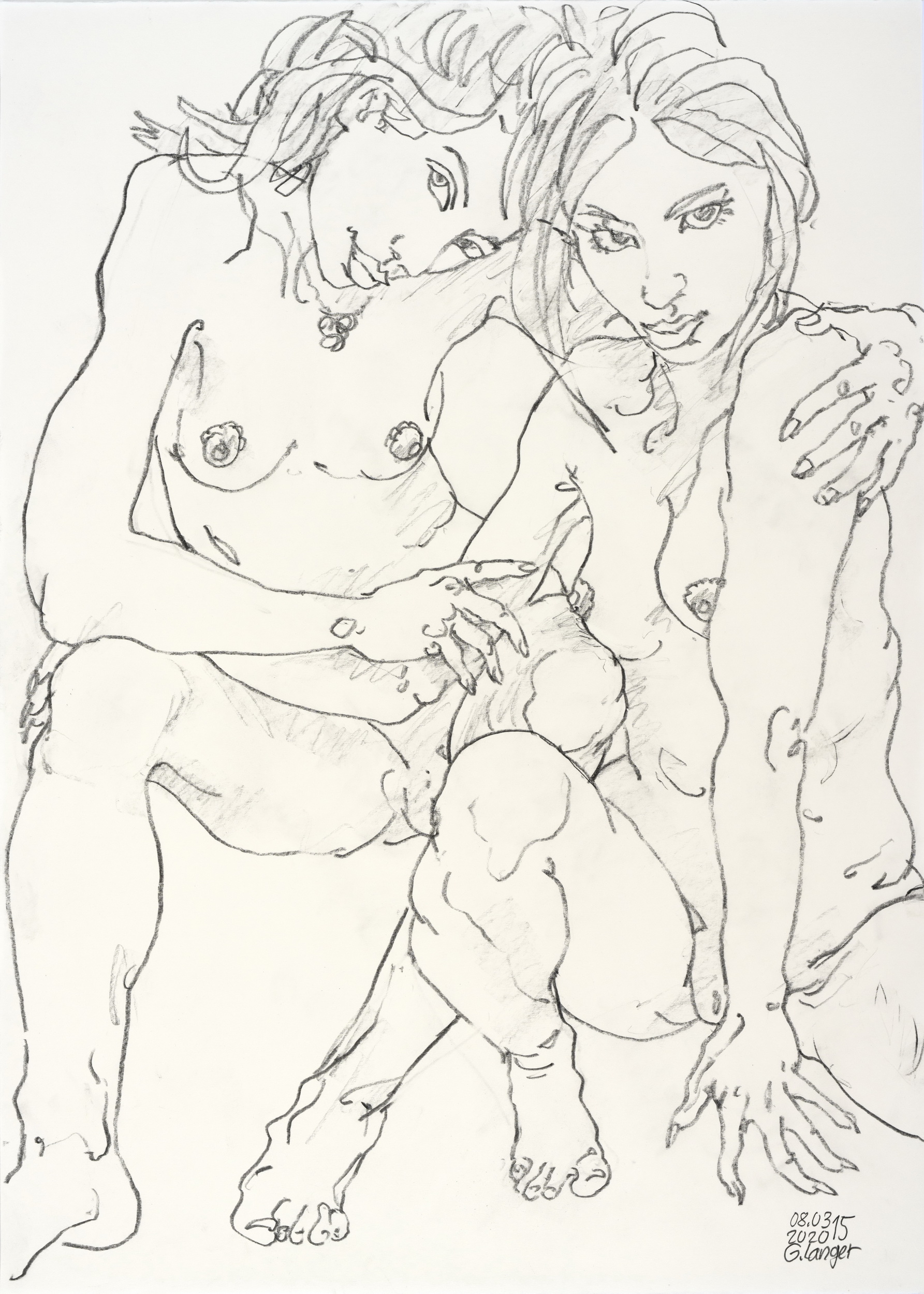 Gunter Langer, Zwei nackte Mädchen, Freundinnen, 2020, Zeichenpapier, 70 x 51 cm